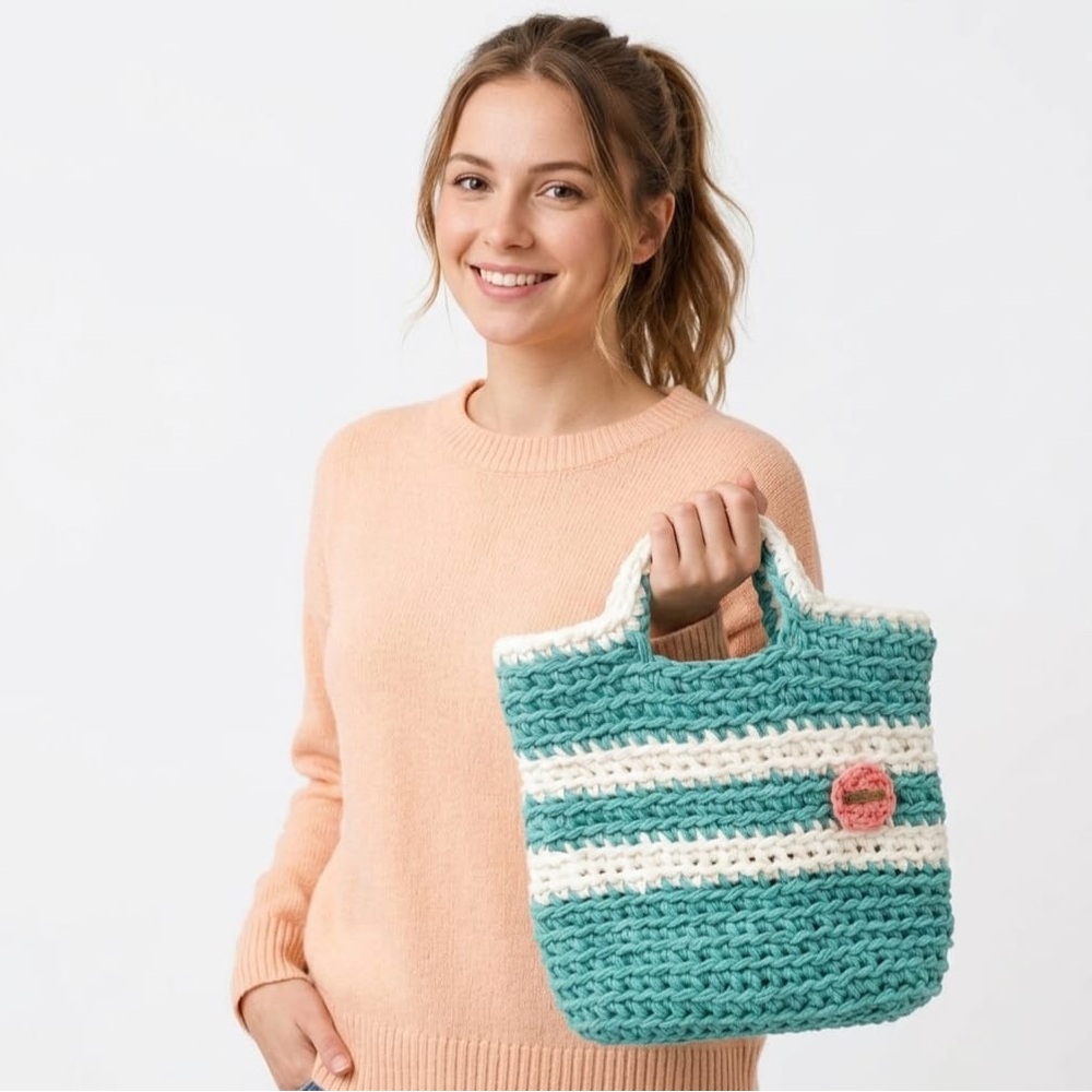 💚Elegant Teal and White Crochet Tote Bag